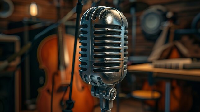 3D renderings and images showing a close-up of a vintage silver microphone and an instrument in a dark studio—a guitar and violin.