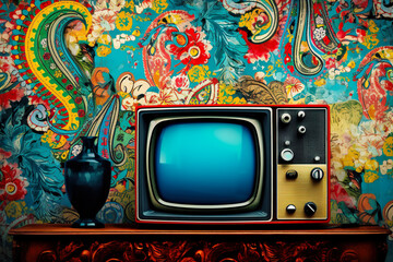 retro-inspired wallpaper with colorful paisley patterns and vintage televisions - obrazy, fototapety, plakaty