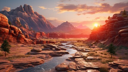A mountainous landscape at twilight, with the sun setting behind jagged peaks and casting a warm glow on the rocky surfaces -Generative Ai
