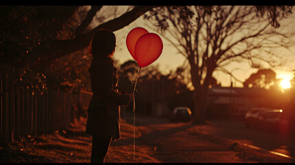 Against the backdrop of a vibrant sunset, a woman stands under a tree on a quiet street, her red balloons gently floating towards the night sky, illuminated by the warm glow of streetlights