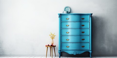 Vintage blue dresser isolated on white. Ethnic antique cupboard. Clothing closet with vanity table.