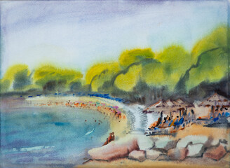 Watercolor painting of the beach in Cote Dazur France - 712712342
