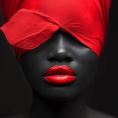 Woman with red head wrap and red lipstick.A stylish woman exudes confidence with her bold red lipstick and matching head wrap, making a statement with her fashion choices