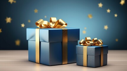 blue boxes with gold ribbons on a dark background, gift boxes, concept of gifts for christmas, birthday, valentines day