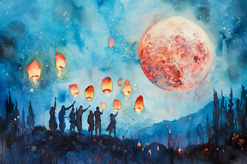 magical watercolor painting of a group of people releasing lanterns into the sky