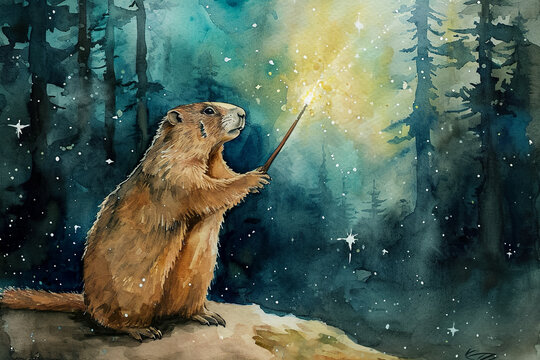 magical watercolor painting of a groundhog holding a wand