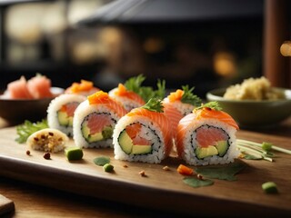  Sushi roll with salmon, avocado, cream cheese and wasabi