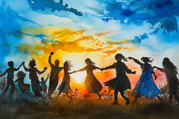 lovely watercolor painting of a group of people dancing - obrazy, fototapety, plakaty