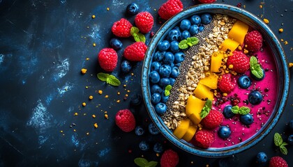 Superfood smoothie bowl with fruits, chia flax, granola, coconut flakes, blueberries, text space - obrazy, fototapety, plakaty