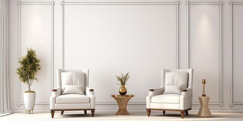 luxury living room design with white armchairs, a lamp, and a vintage-style white wall in a minimal, empty room.