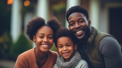 Happy black family on blurred background of living room