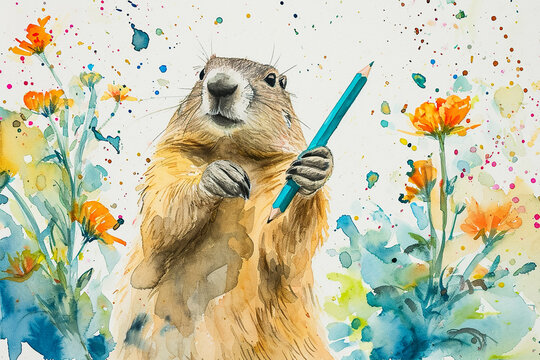 lovely watercolor painting of a groundhog holding a pencil