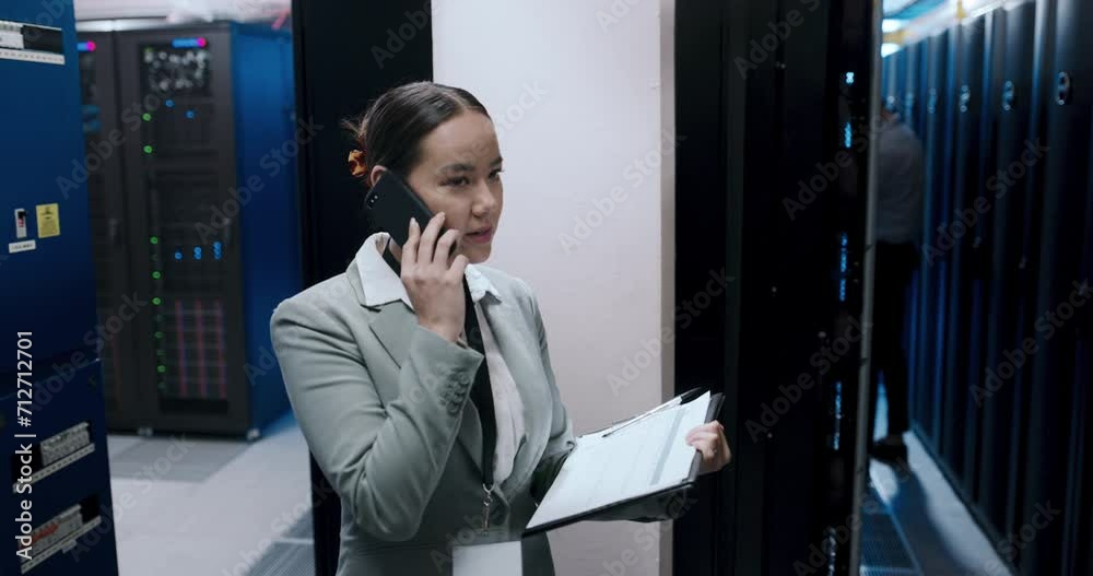 Aufkleber woman, phone call and data center of inspection update, hardware maintenance or cybersecurity backup