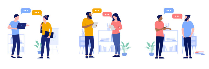 People talking collection - Set of illustrations with businesspeople having conversation and dialogue about business and work. Flat design vectors with white background