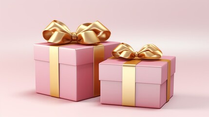 pink boxes with gold ribbons on a pink background, gift boxes, concept of gifts for christmas, birthday, valentines day