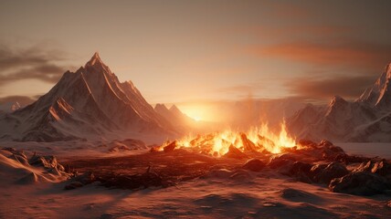 A mountainous landscape during a fiery sunrise, with the sun casting a warm orange glow on the snow-capped summits -Generative Ai
