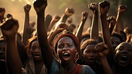 Obraz premium Close-up of large group of protesters with clenched fists above their heads