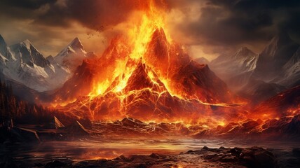 A mountainous landscape during a fiery sunrise, with the sun casting a warm orange glow on the snow-capped summits -Generative Ai
