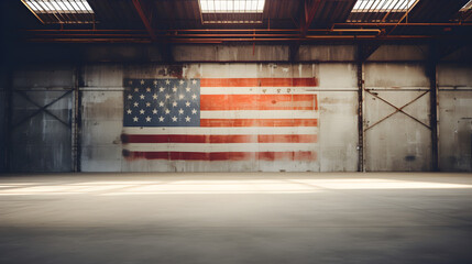 a close up shot of usa flag hung up on the wall of this empy hangar wall