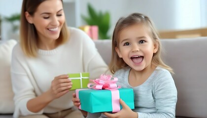 mother and child with gift boxes