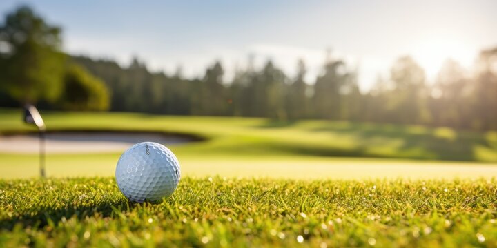 Golf ball on green grass of golf course at a sunny day