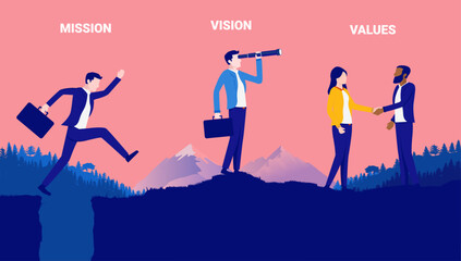Mission vision values business illustration - Businesspeople outdoors doing various poses symbolising company core values. Flat design vector © Knut