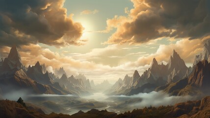 A mountainous panorama at dusk, with the sun dipping below the horizon, painting the sky in warm pastel hues  -Generative Ai
