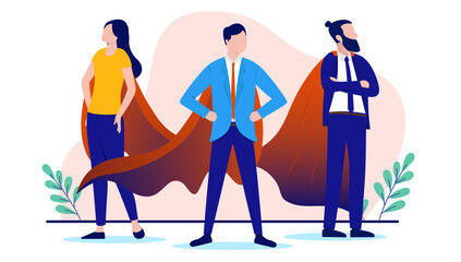 Team of business superheroes - Three businesspeople with cape standing proud and strong together. Flat design vector illustration with white background © Knut