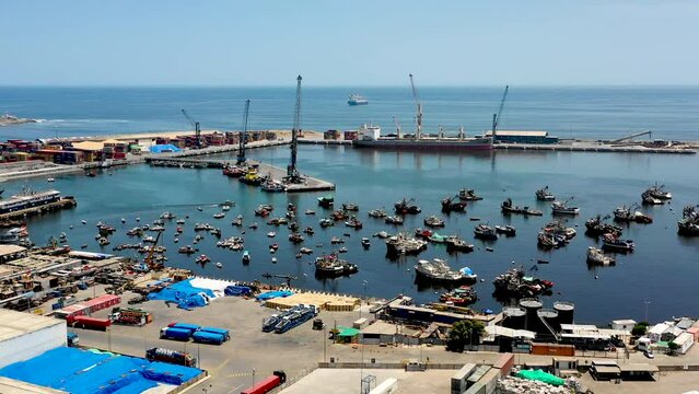 Aerial view with 4K drone of a boat port in the city of Arica, Santiago, Chile