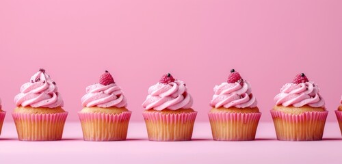a row of pink cupcakes on a pink background