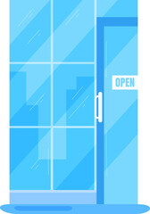 Storefront blue door with open sign. Modern shop entrance vector illustration. Business open door policy concept vector illustration.