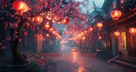 an alley with lit lanterns under a cherry blossom tree