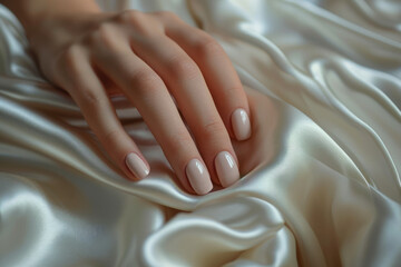 Closeup to woman hands with elegant neutral colors manicure on white silk fabric background. Beautiful nude manicure on long nails. Nude shade nail manicure with gel polish at luxury beauty salon