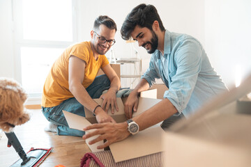 Gay couple unpacking cardboard boxes in new apartment. Young cheerful gay couple looking at their...