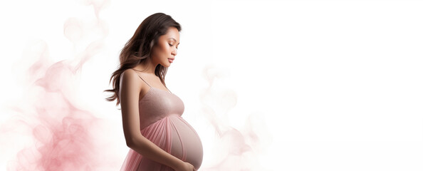 Illustration femme métisse enceinte debout sur fond blanc, image avec espace pour texte - obrazy, fototapety, plakaty