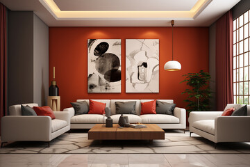Interior of modern living room with red wall, 3d render