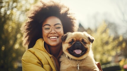 Happy black african american woman and dog in spring park - obrazy, fototapety, plakaty