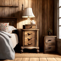 Vintage bedside nightstand near wooden bed. Farmhouse, provense interior design of modern bedroom