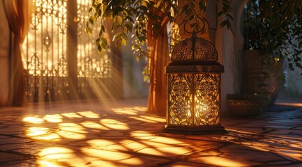 an illuminated lantern stands in a sunlit room