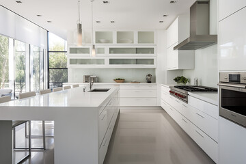 Fototapeta premium interior of new luxury house, kitchen and dining room with white furniture