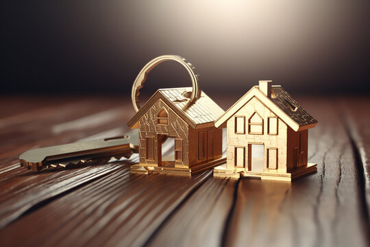 Real estate concept. Keys with house model on dark wooden background.