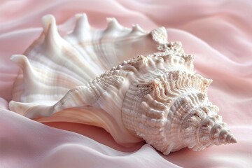 A pristine white seashell, intricately patterned, placed delicately on a brilliant pink background, reminiscent of a tropical sunset.