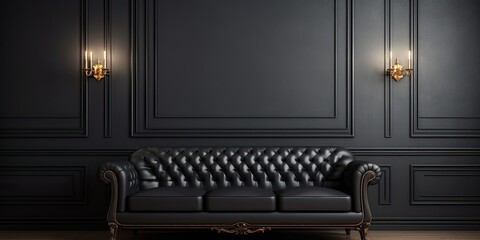 Black sofa in a classic -rendered interior mock-up.