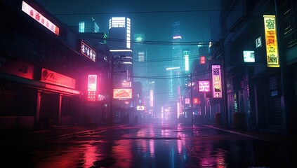 futuristic city street with neon lights and rain