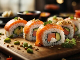 sushi with salmon  Sushi roll with salmon, avocado, cucumber and sesame seeds