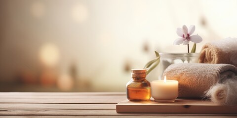 Blurred spa products on a wooden table in front.
