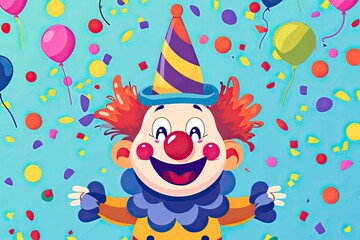 Obraz na płótnie Canvas clown and confetti with birthday party hat, in the style of whimsical naive art Clown close 1 April Fool`s day concept Laughing clown