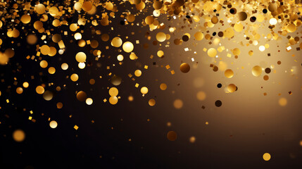 Festive gradient dark background with round flying glowing confetti, bokeh and bright particles. Illustration for greeting card, carnival, holiday, celebration. Copy space.