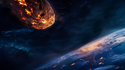 Fototapeta premium Giant incandescent asteroid is approaching blue planet and begins to burn in dense layers of atmosphere. Celestial body begins to fall apart, burning tail looks like comet. Copy space.