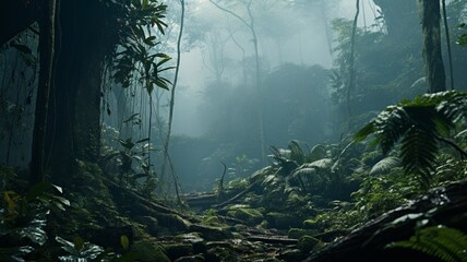 A mysterious fog settling among the jungle trees, adding an air of enchantment to the scene -Generative Ai
